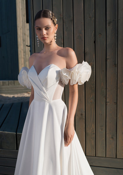 mikado a-line wedding dress with removable train Mikado Strapless A-Line Wedding Dress with Removable Sleeves and Strap EU46