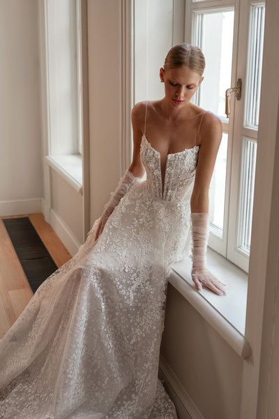 A-Line Spaghetti Strap Sparkly Wedding Gown with 3D Flowers – HAREM's Brides