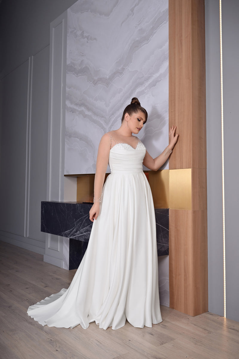 Sheer Long Sleeve Sweetheart A-Line Plussize Wedding Dress