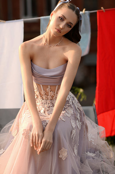 3D Flower Detail Strapless Midi Dress  HAREM's Brides