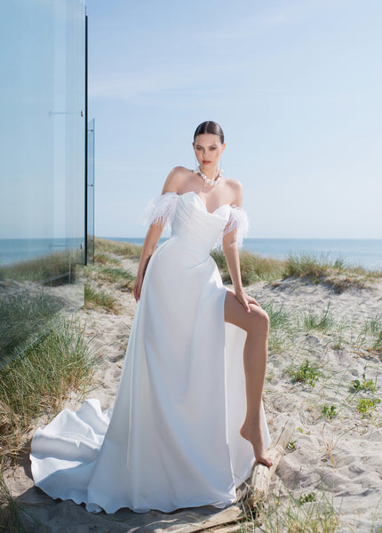 mikado a-line wedding dress with removable train Mikado A-Line Wedding Dress with Removable Feather Straps EU34
