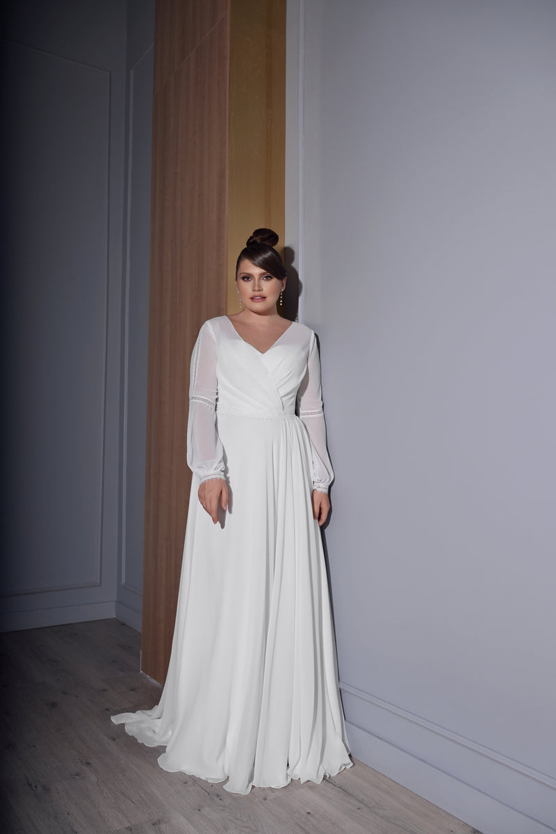 Long Sleeves A-Line Wrap Plus Size Bridal Dress