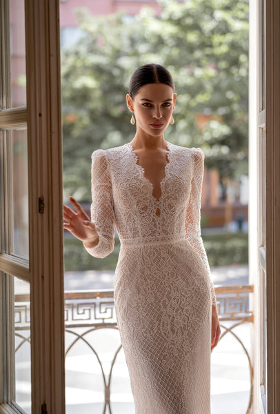 chinese dress ladies Fairy Long Sleeve Satin Lace Mermaid Wedding Dress w Detachable Train, –  Shindig Threads main image 0