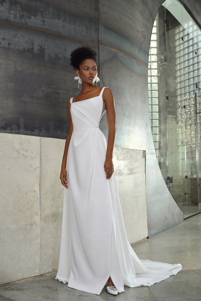 slim a line wedding dresses Square Neckline A-Line Minimalist Dress With Removable Sleeves EU38 This full Color:Blue statement halter dress for women Missacc Ivory Evening Dresses