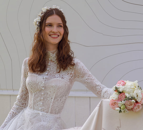 Long High Neck Sleeve Wedding Dress Modest Lace Backless