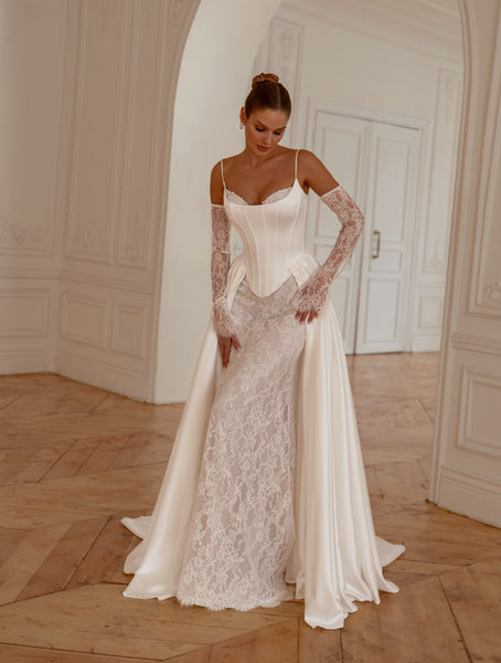 Romantic Lace & Satin Corset Wedding Dress with Detachable Overskirt | HAREM's Brides Romantic Lace & Satin Corset Wedding Dress with Detachable Overskirt | HAREM's Brides