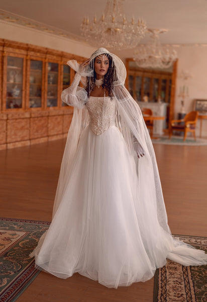 Fairy Off-Shoulder Lace Corset Wedding Dress with Hooded Tulle Cape