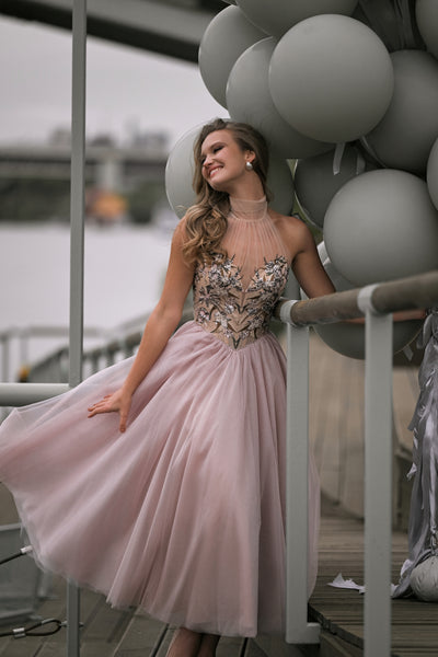 Illusion Halter Embroidered Tulle Midi Dress | Whispering Blossom