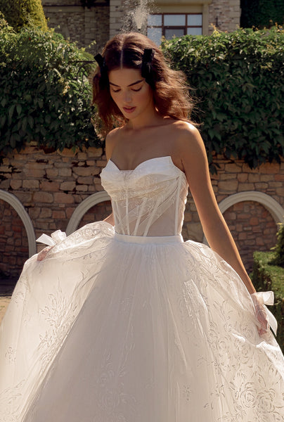 chic strapless organza a-line wedding dress with pearl accents Ivory Strapless A-Line Wedding Dress with Ruffle Bodice Ruffled Organza Wedding Gowns with Flowing Train Plus Size Size 4