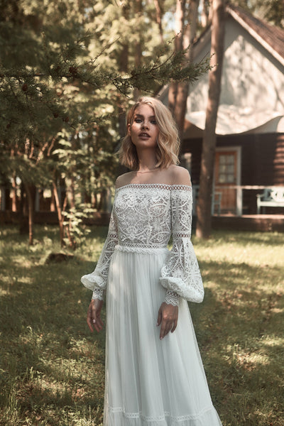 a line off the shoulder long sleeve wedding dress Luxury Long-Sleeve Off-Shoulder Lace Wedding Dress with Cascading Train Plus Size Size 8