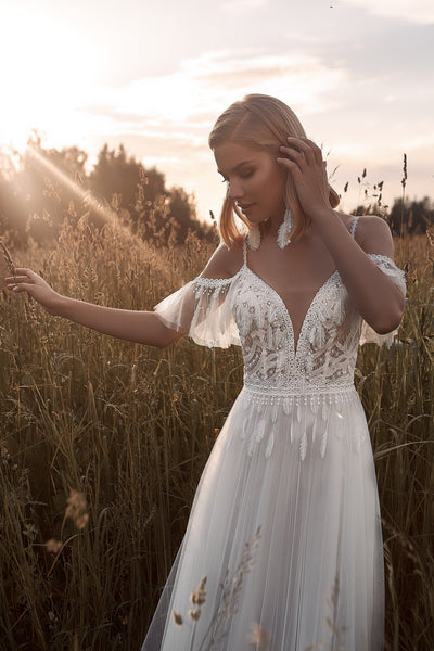 off the shoulder wedding dress boho Off-Shoulder V-Neck A-Line Bohemian Gown – HAREM's Brides Size:3-4Y Sweep Train Neckline gypsy maxi dress Gold Bridesmaid Dresses: 16