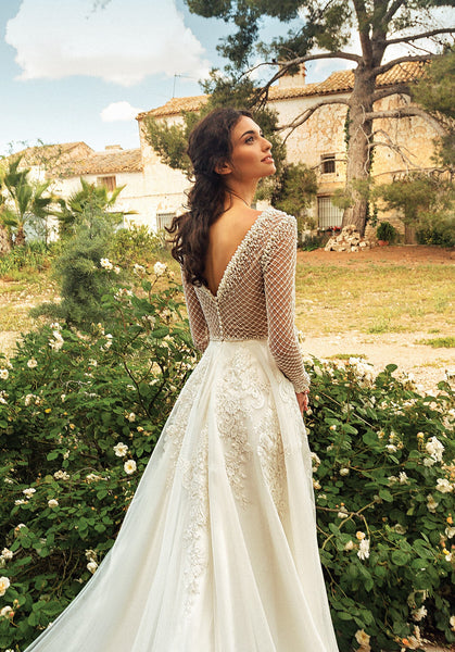 long sleeve pearl wedding dress Long Sleeve A-Line Wedding Dress with Pearls – HAREM's Brides