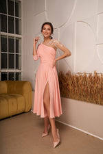 One-Shoulder Cutout Asymmetrical Dress with Embroidered Tulle Sleeve