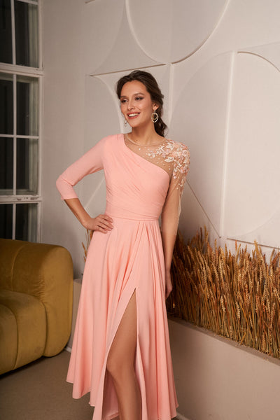 One-Shoulder Cutout Asymmetrical Dress with Embroidered Tulle Sleeve EU44 / Apricot (As seen on the photo) One-Shoulder Cutout Asymmetrical Dress with Embroidered Tulle Sleeve EU44 / Apricot (As seen on the photo)