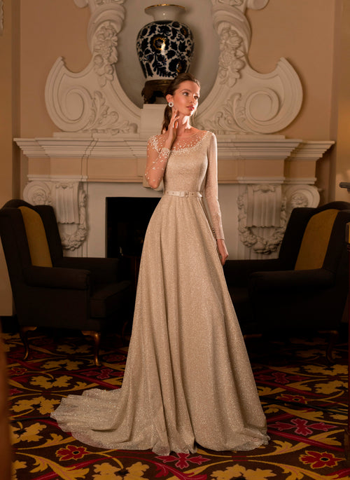 Asymmetrical Neckline Wedding Gown with Embroidered Sleeves