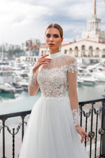 Exquisite High Neck Illusion Sleeve Wedding Gown