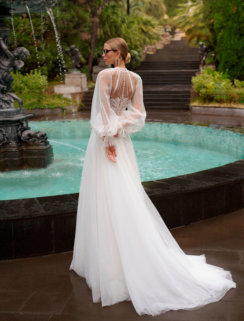 Breathtaking High Neck Wedding Gown with Removable Sleeves