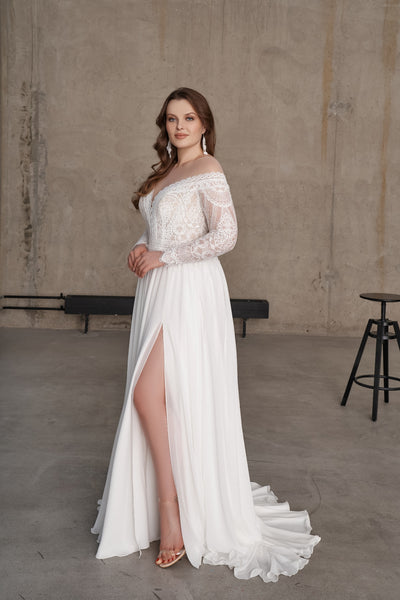 off the shoulder long sleeve boho wedding dress Off-Shoulder Long Sleeves Bohemian Wedding Dress – HAREM's Brides
