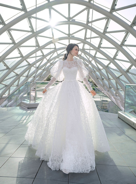 Long Puffy Sleeve Lace Wedding Dress  HAREM's Brides