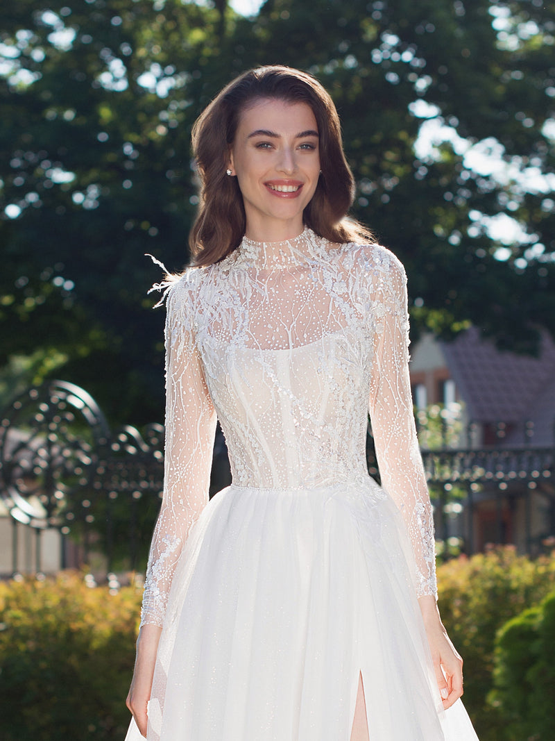 High Neck  Long Sheer Sleeves Glitter A-Line Wedding Dress