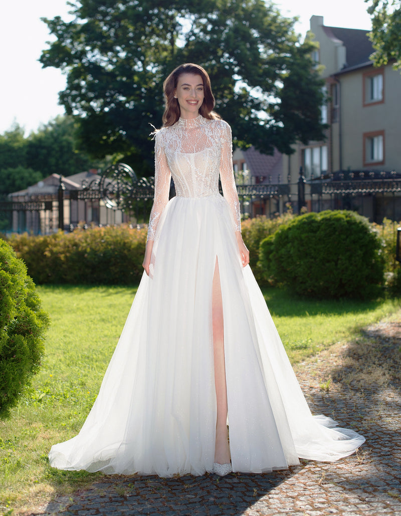 High Neck Long Sheer Sleeves Glitter A-Line Wedding Dress HAREM's Brides High Neck Long Sheer Sleeves Glitter A-Line Wedding Dress HAREM's Brides