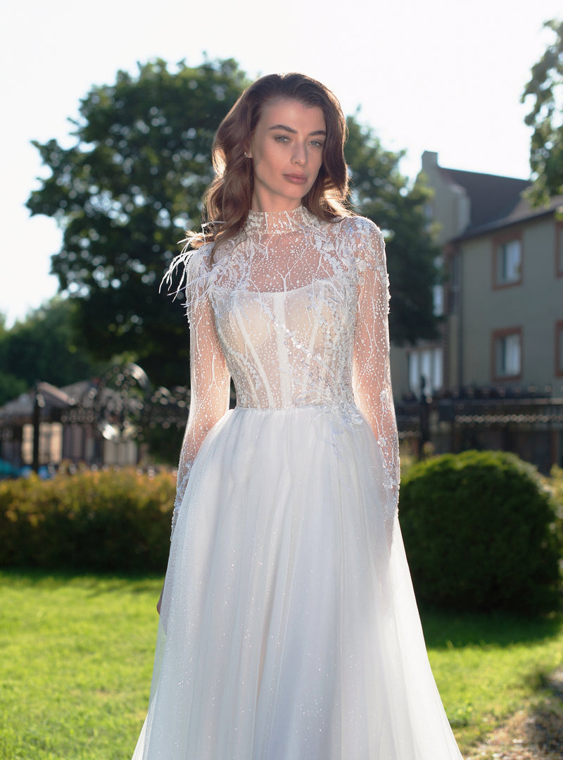 High Neck  Long Sheer Sleeves Glitter A-Line Wedding Dress