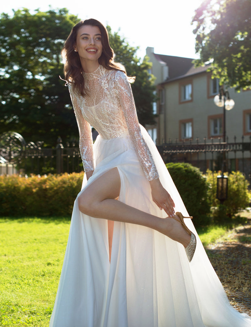 High Neck Long Sheer Sleeves Glitter A-Line Wedding Dress HAREM's Brides High Neck Long Sheer Sleeves Glitter A-Line Wedding Dress HAREM's Brides