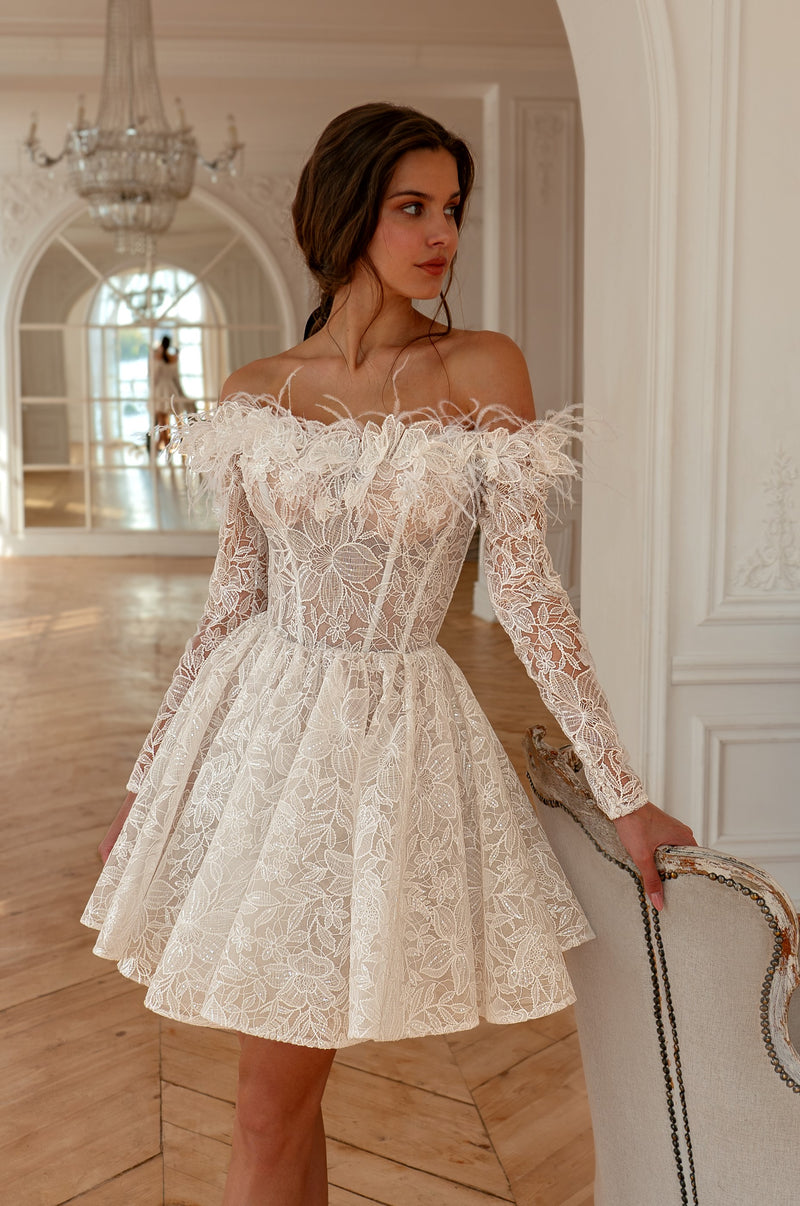 Off-Shoulder Lace Mini Wedding Dress – HAREM's Brides