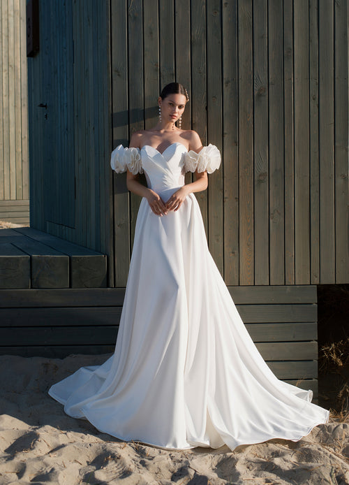 Robe de mariée trapèze sans bretelles Mikado avec manches et bretelles amovibles