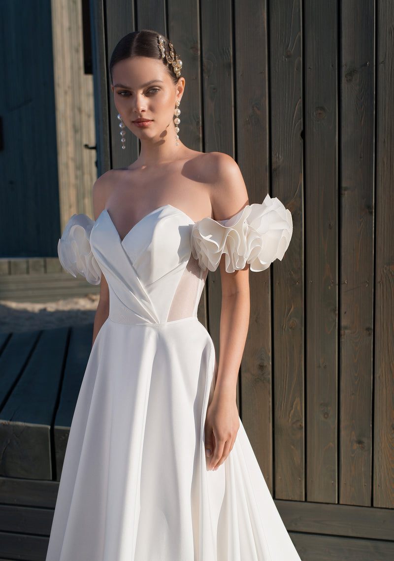 Robe de mariée trapèze sans bretelles Mikado avec manches et bretelles amovibles