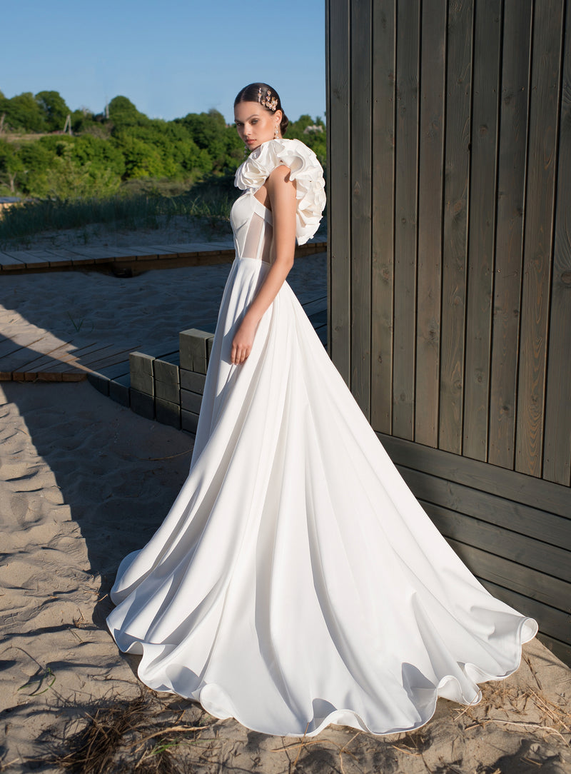 Robe de mariée trapèze sans bretelles Mikado avec manches et bretelles amovibles