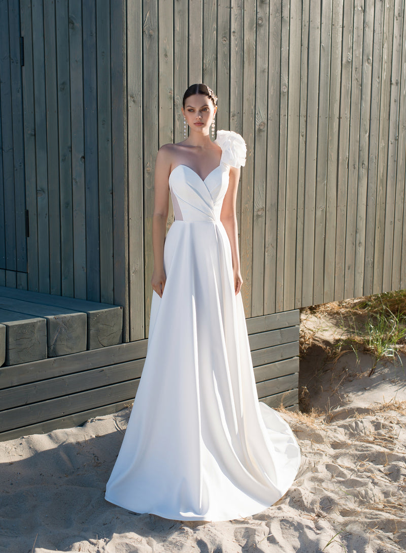 Mikado Strapless A-Line Wedding Dress with Removable Sleeves and Strap