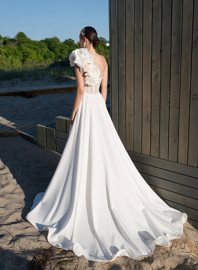 Robe de mariée trapèze sans bretelles Mikado avec manches et bretelles amovibles