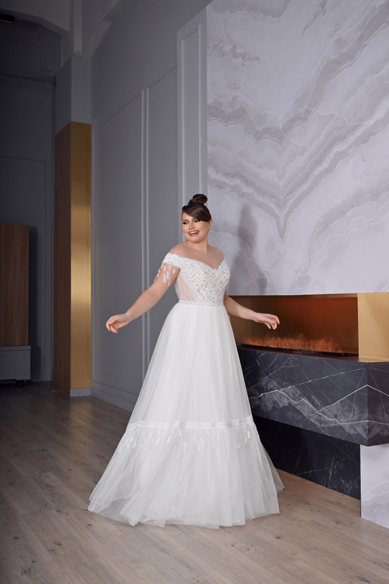 Off-shoulder A-Line Plus Size Wedding Gown