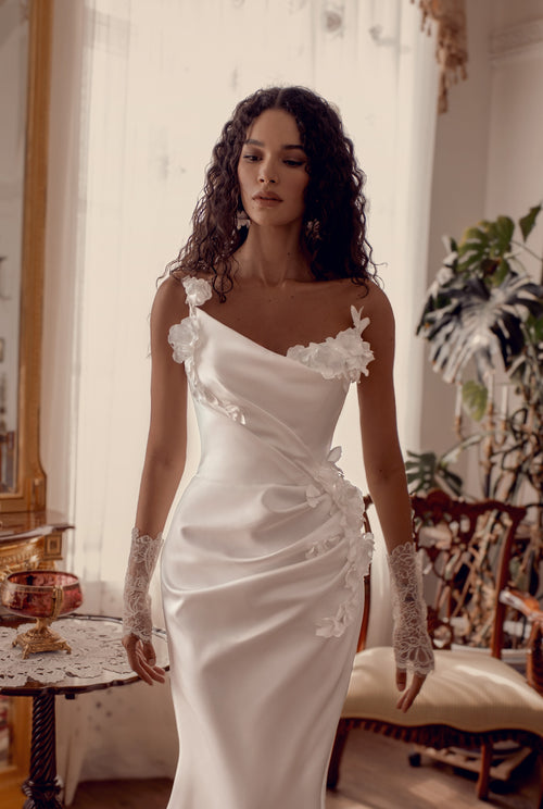 Strapless Satin Floral-Accent Wedding Dress | Simply Beautiful
