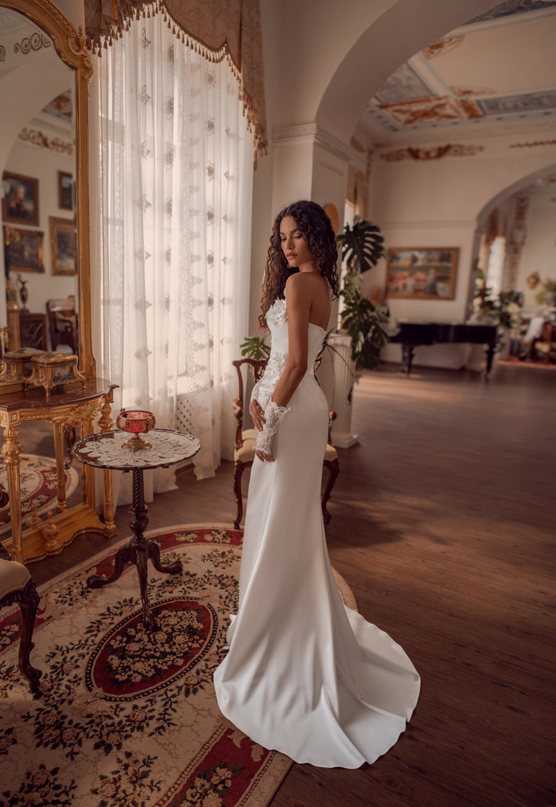 Strapless Satin Floral-Accent Wedding Dress