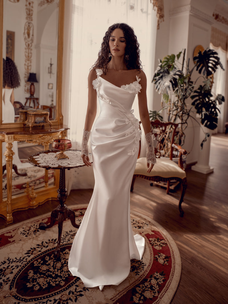 Strapless Satin Floral-Accent Wedding Dress
