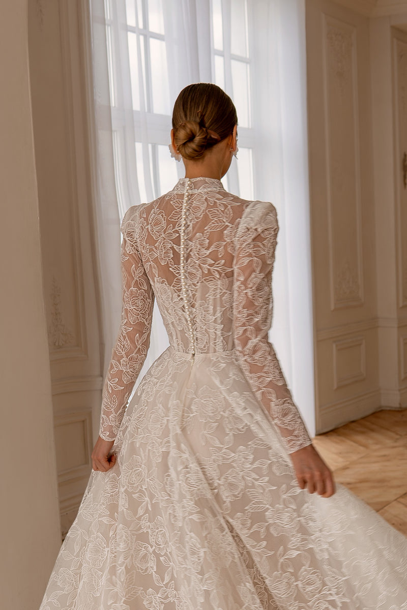 High-Neck Long Sleeve Lace Wedding Dress Vanilla / Made to Measure