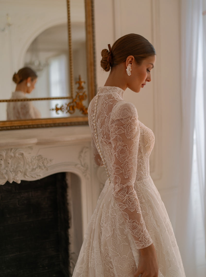chinese dress ladies High-Neck Long Sleeve Lace Wedding Dress – HAREM's Brides