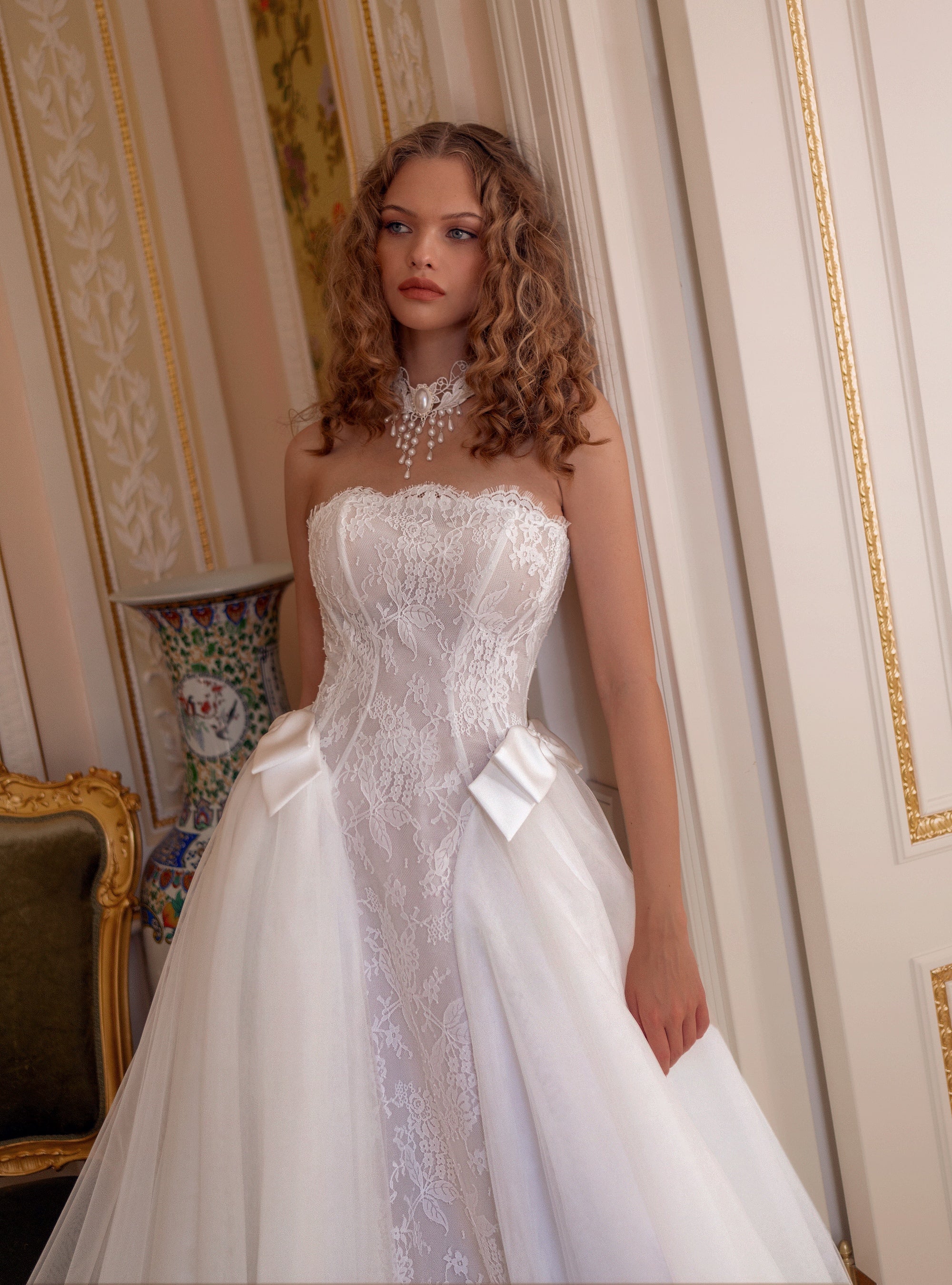Strapless Lace Corset Ball Gown with Satin Bows