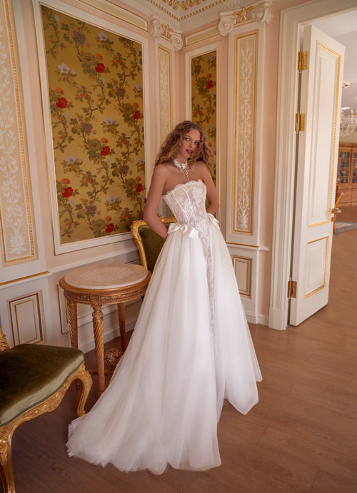 Strapless Lace Corset Ball Gown with Satin Bows | Enchanting Grace Bridal