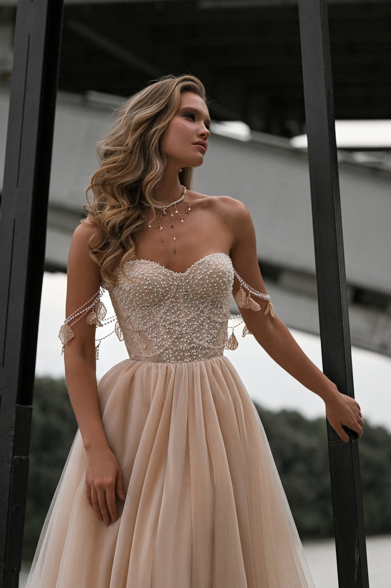 strapless embellished a line dress STRAPLESS OMBRE BEADED A-LINE DRESS BY ANDREA & LEO COUTURE A1369 GOLD / 10