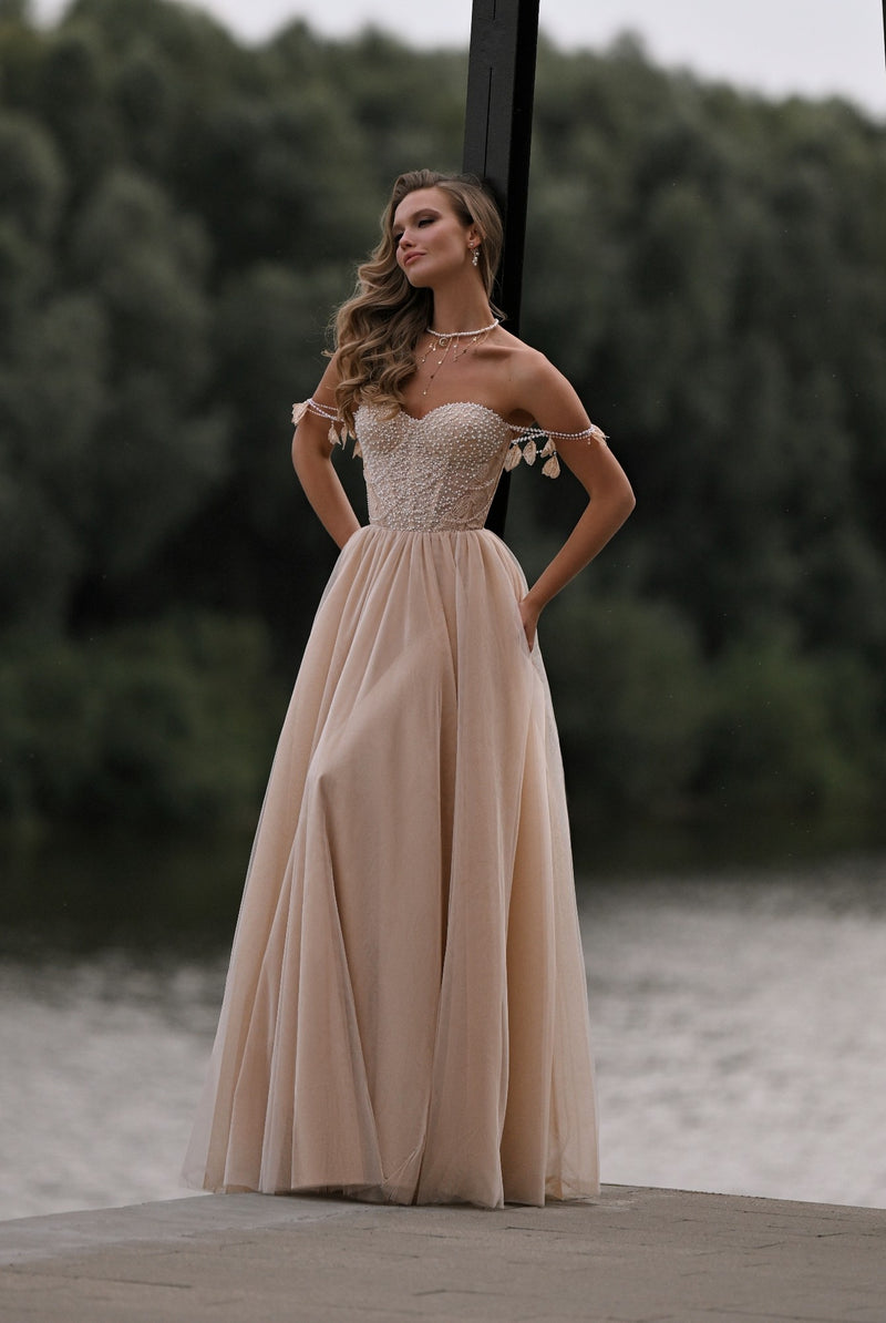 Strapless Beading-Embellished A-Line Evening Dress