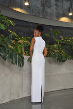 High Neck Sleeveless Maxi White Dress With Removable Cuffs