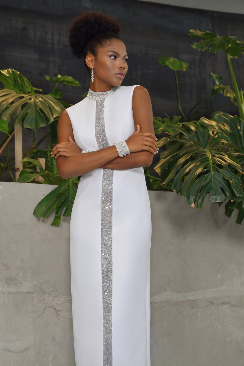 High Neck Sleeveless Maxi White Dress With Removable Cuffs