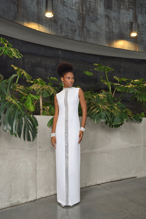 High Neck Sleeveless Maxi White Dress With Removable Cuffs
