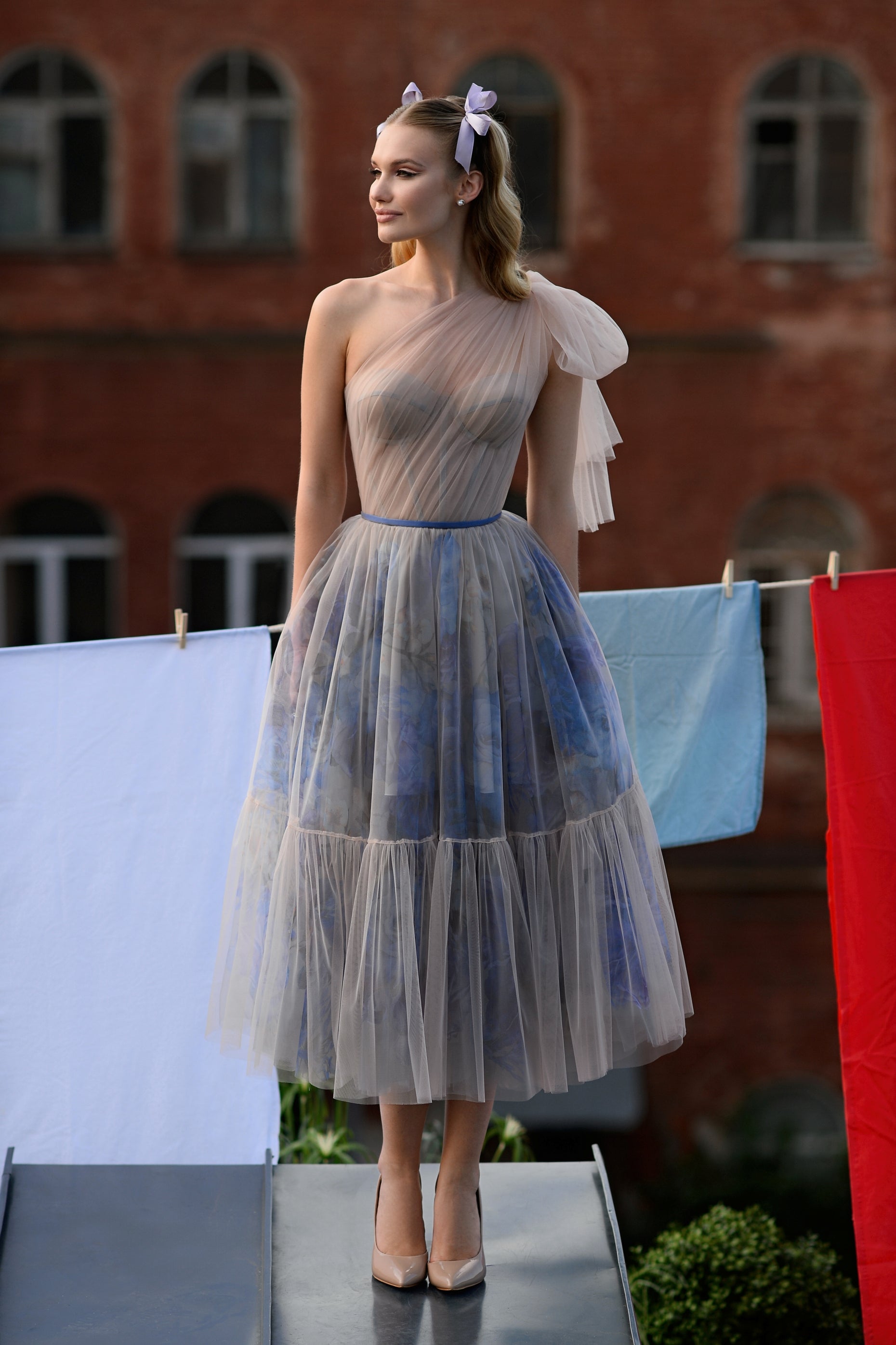 One Shoulder Midi Tiered Dress in Multicolor Print Tulle One Shoulder Midi Tiered Dress in Multicolor Print Tulle