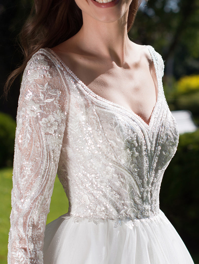 Long Sleeve V-Neck Glitter Wedding Dress