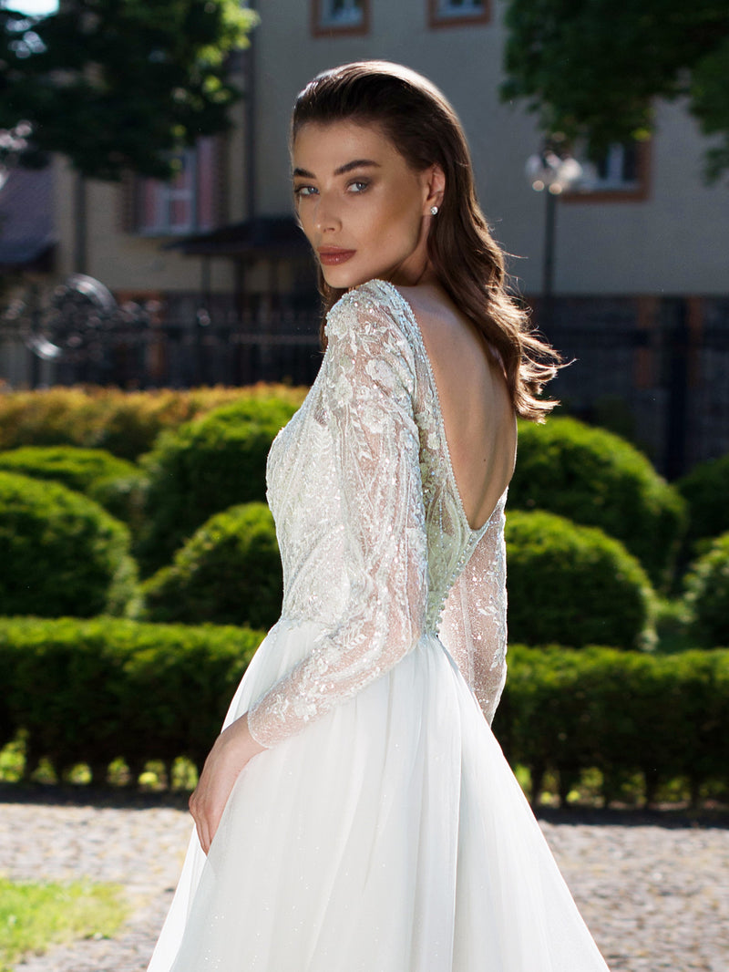 Long Sleeve V-Neck Glitter Wedding Dress