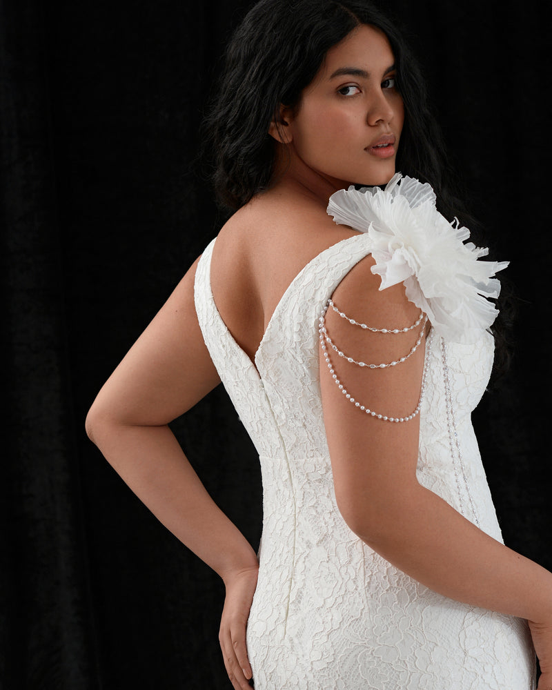V-Neck Mermaid Lace Wedding Dress with 3-D Flower Shoulder Detail